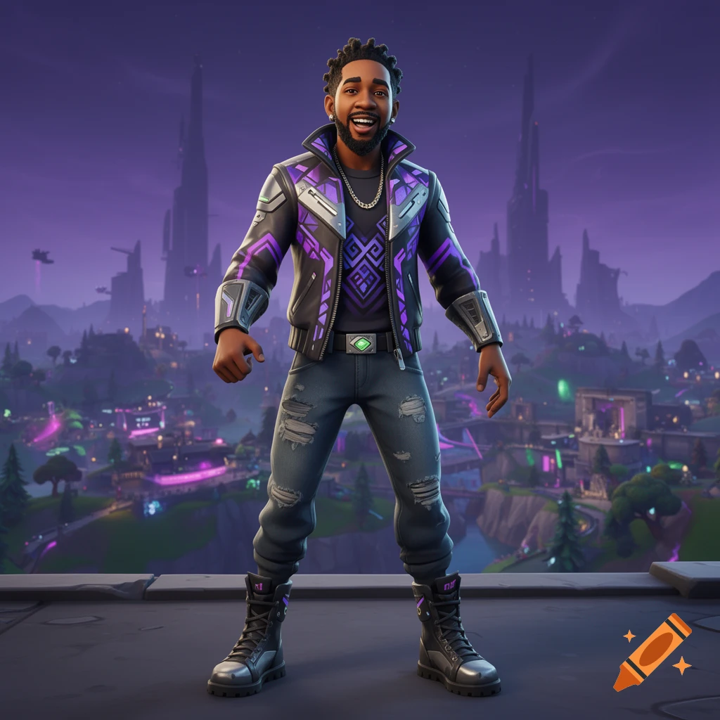 A stylized Black man with dreadlocks, wearing a purple and black futuristic jacket, ripped jeans, and boots, standing against a futuristic city skyline at dusk.