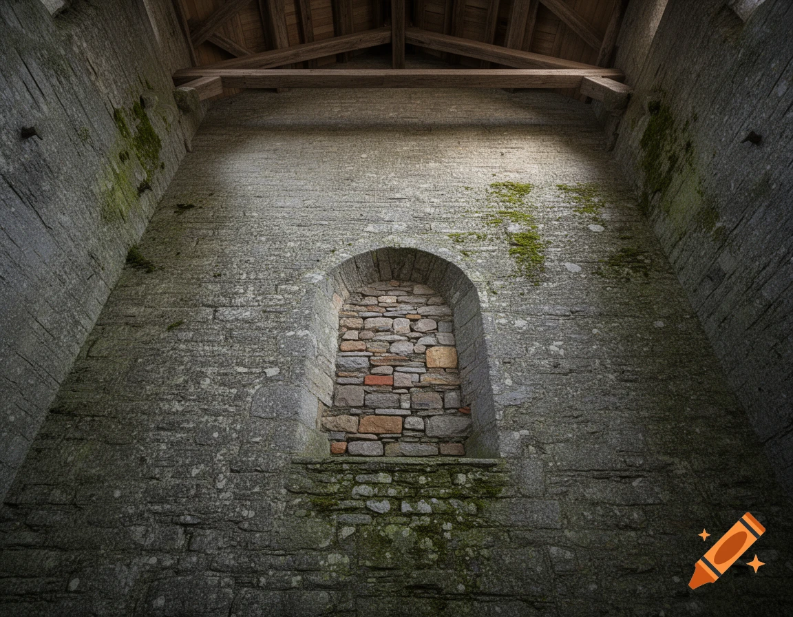 An old gray stone wall with a bricked-up arched window and high wooden beam ceilings inside a building.