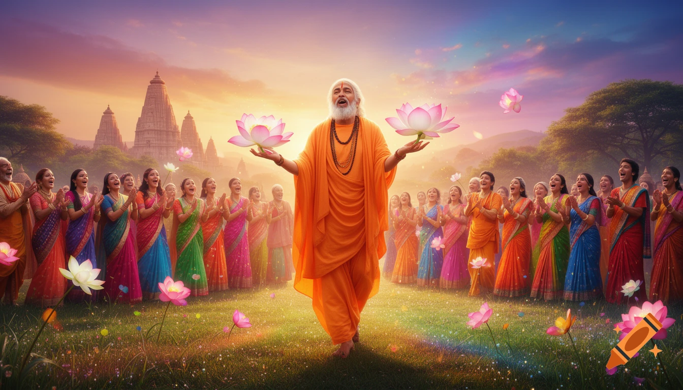 An Indian guru stands with open arms holding lotus flowers, surrounded by happy devotees in a vibrant spiritual landscape with temples at sunset.