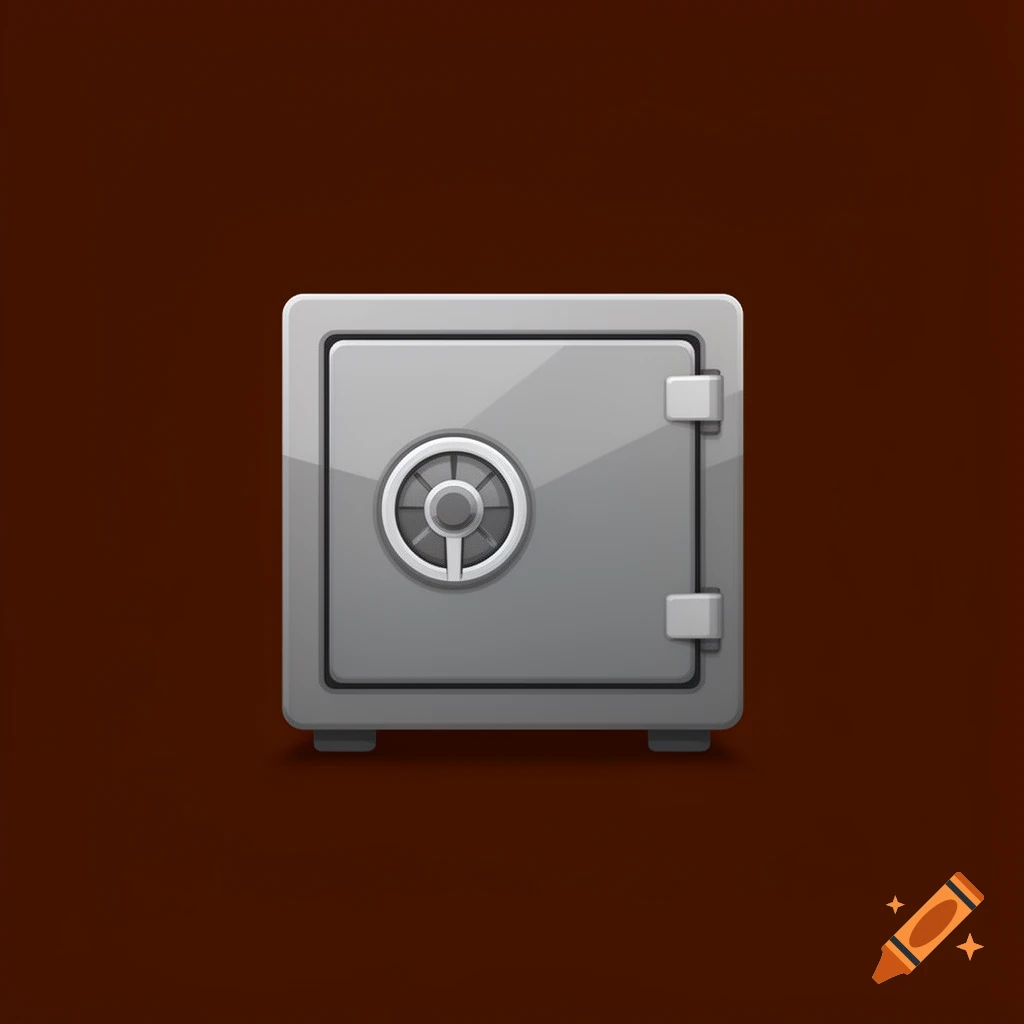 A grey safe icon with a circular dial and two hinges on a dark brown background.