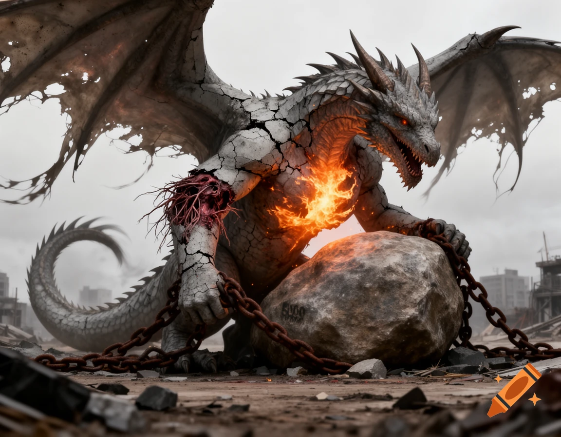 A powerful grey dragon with cracked skin, glowing orange chest, and a ripped arm exposing red sinews, is chained to a large rock in a desolate, destroyed city landscape.