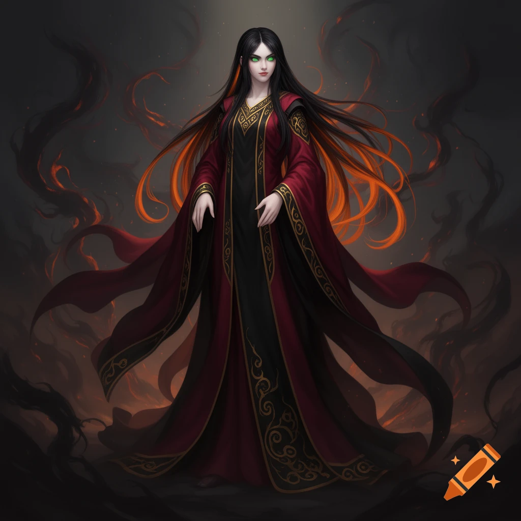 A dark-haired sorceress with glowing green eyes and a long red and black robe with golden trim stands amidst swirling dark and orange smoke.