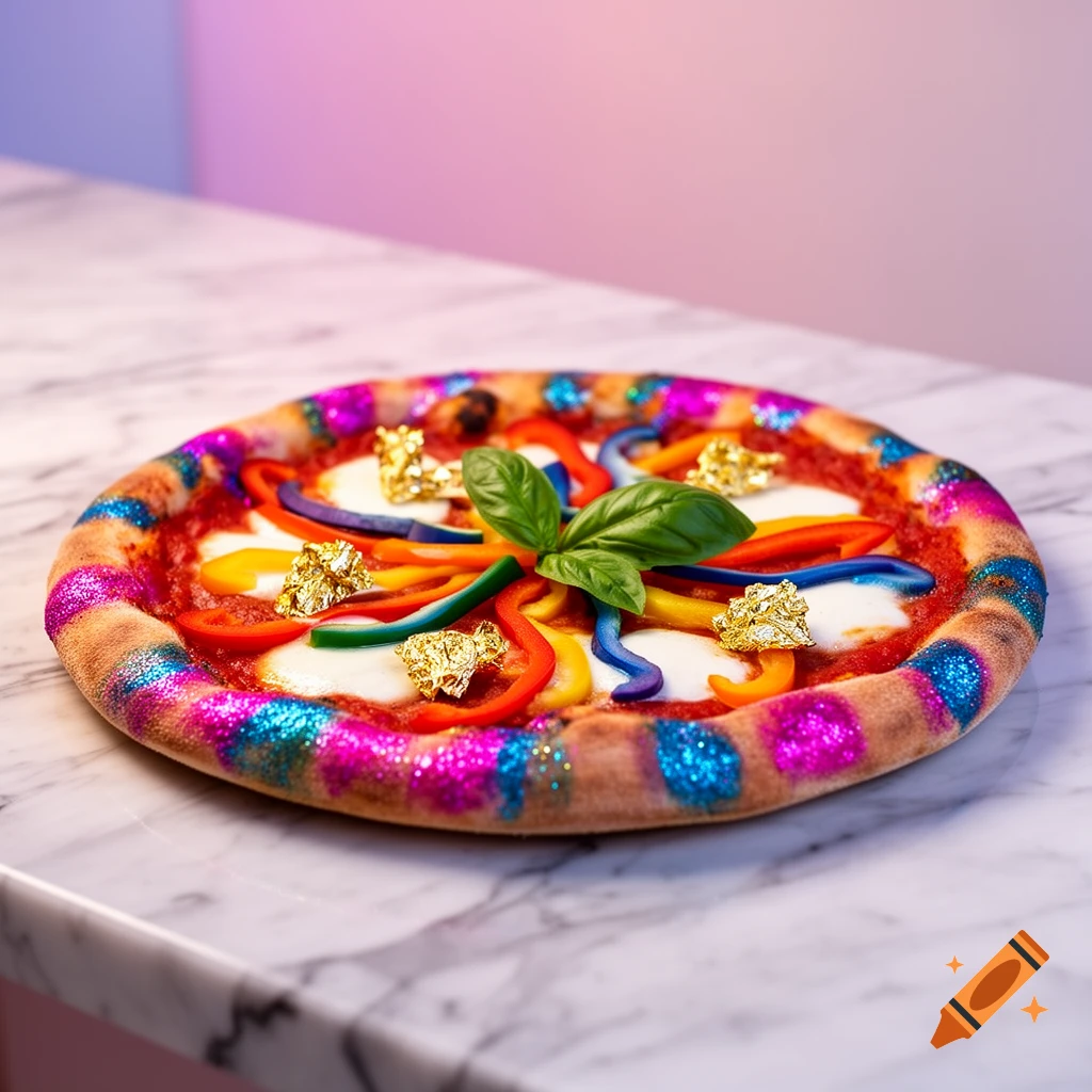 A vibrant pizza on a marble counter with a glittery crust, colorful bell peppers, mozzarella, gold leaf, and basil, against a pink and purple background.