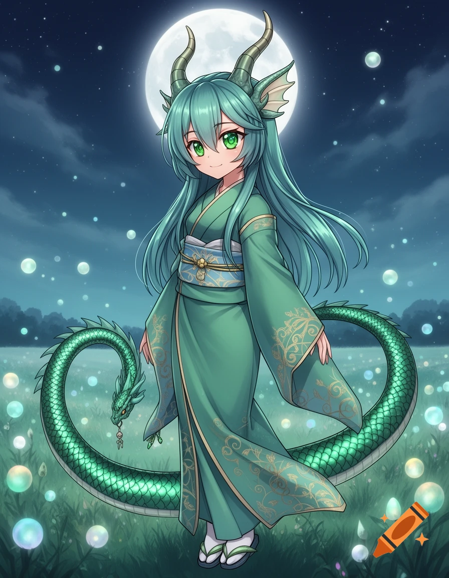 Anime dragon girl with green hair and horns, wearing a green kimono, stands in a field with glowing orbs under a full moon. Her long green scaled tail curls beside her.