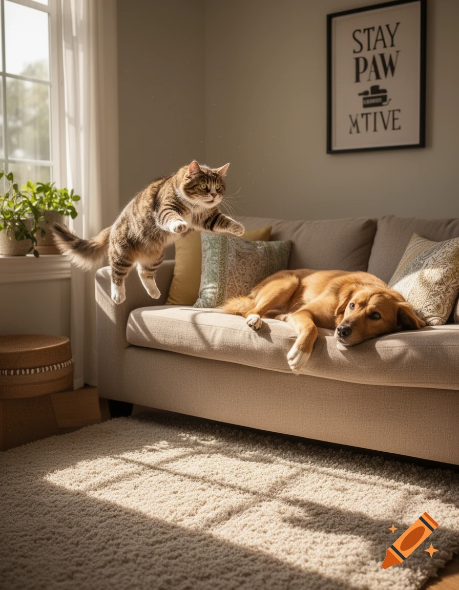 A photorealistic tabby cat is mid-jump over a golden retriever resting on a beige sofa in a sunlit living room.