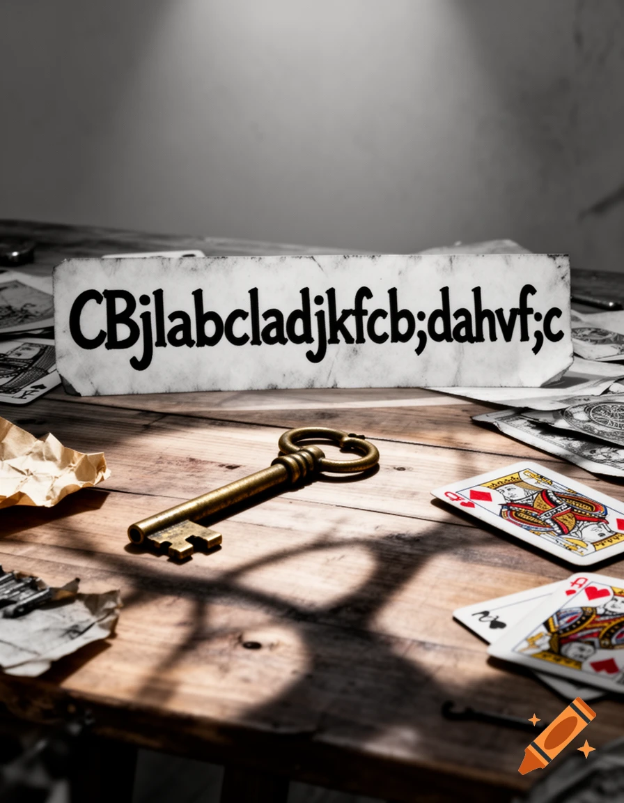 A close-up photorealistic shot of an antique brass key, playing cards, and crumpled paper on a wooden table. A white sign with "CBjlabcladjkfcb;dahvf;c" sits centrally.
