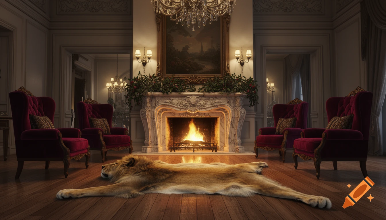 Photorealistic image of a luxurious living room with a roaring fireplace and a lion's fur rug on the wooden floor.