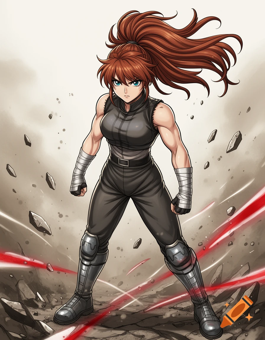 Anime woman with red hair in a ponytail and muscular build, wearing dark battle gear, stands surrounded by debris and red energy.