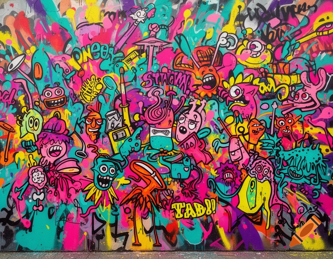 A vibrant, messy graffiti-style collage features numerous cartoon characters, monsters, and random objects in bright pink, teal, yellow, and purple.