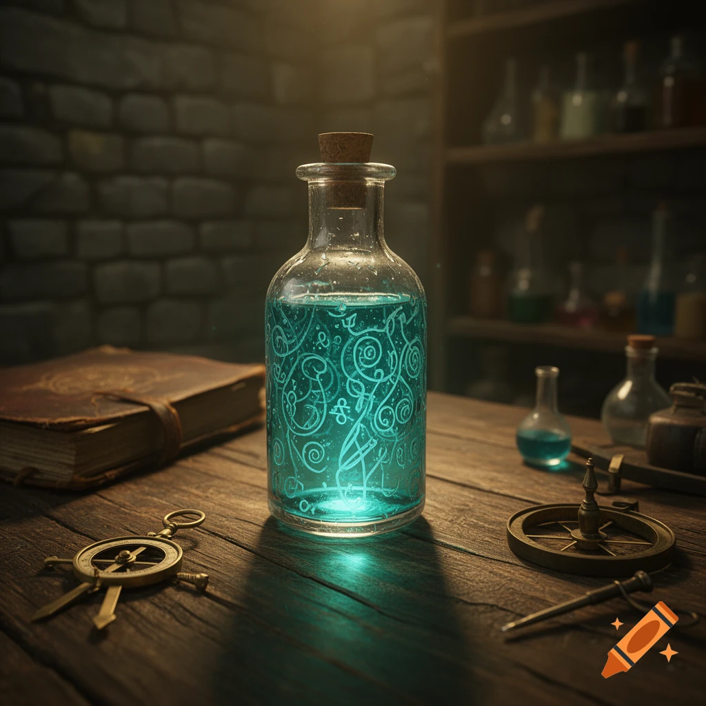 A glowing teal potion bottle with ornate patterns on a wooden table, next to an old book and alchemical tools.