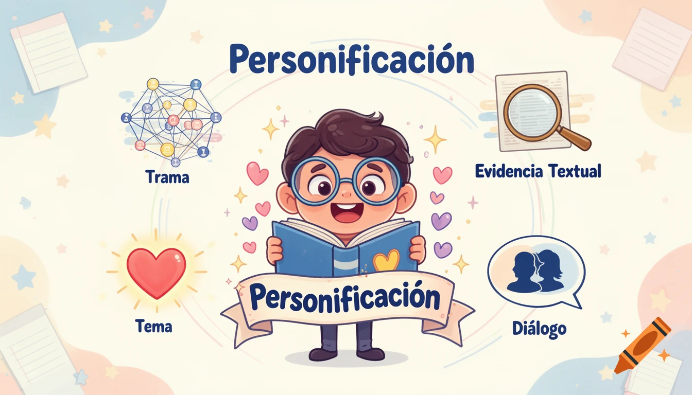 A cheerful cartoon boy with glasses reads a book, surrounded by Spanish vocabulary words like "Personificación," "Trama," "Evidencia Textual," "Tema," and "Diálogo" with corresponding icons.