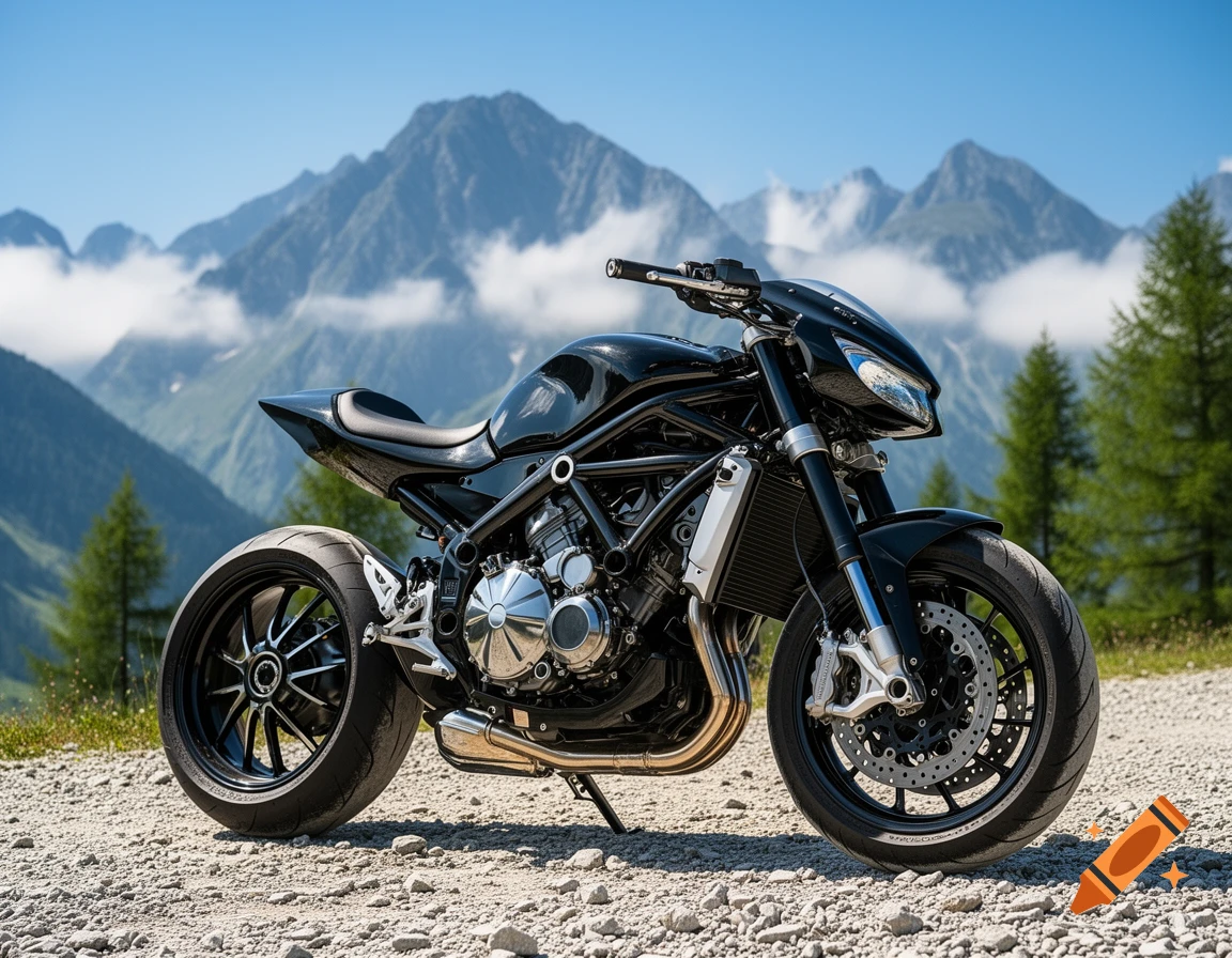 A sleek black motorcycle is parked on a gravel path against a backdrop of majestic mountains and clear blue skies.