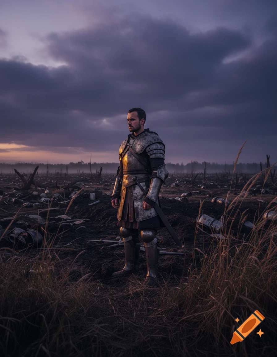 A lone medieval warrior in detailed armor stands on a desolate, muddy battlefield under a dark, dramatic sky at dusk.