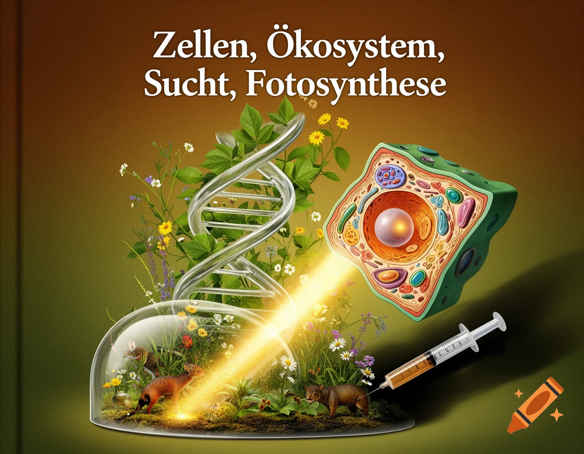 Biology collage with DNA helix, cell, ecosystem, syringe, and German text: 'Zellen, Ökosystem, Sucht, Fotosynthese'.