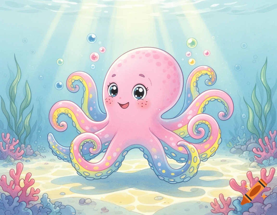 A cute pink octopus with colorful, spotted tentacles swims underwater amidst coral and seaweed in a cheerful cartoon style.