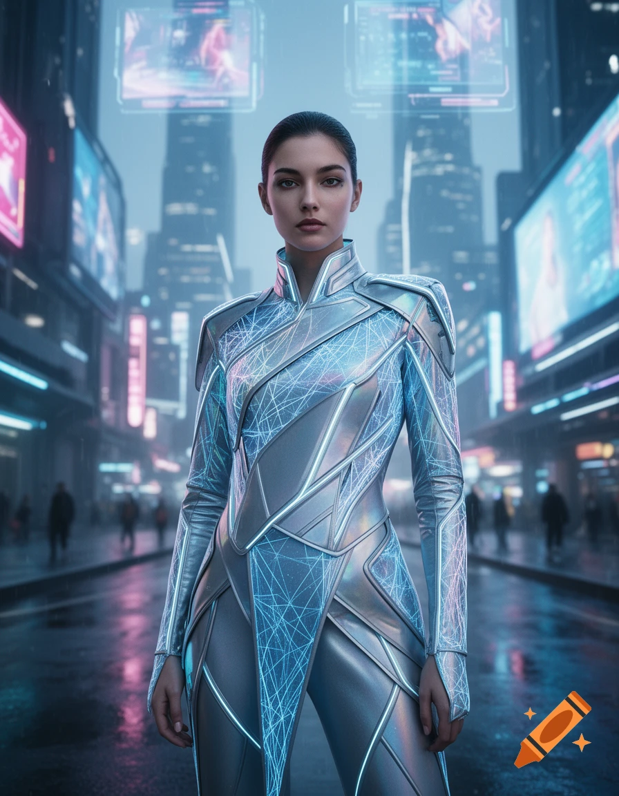 A woman in a silver and blue glowing futuristic suit stands on a wet city street at night, with neon-lit skyscrapers in the background, photorealistic style.