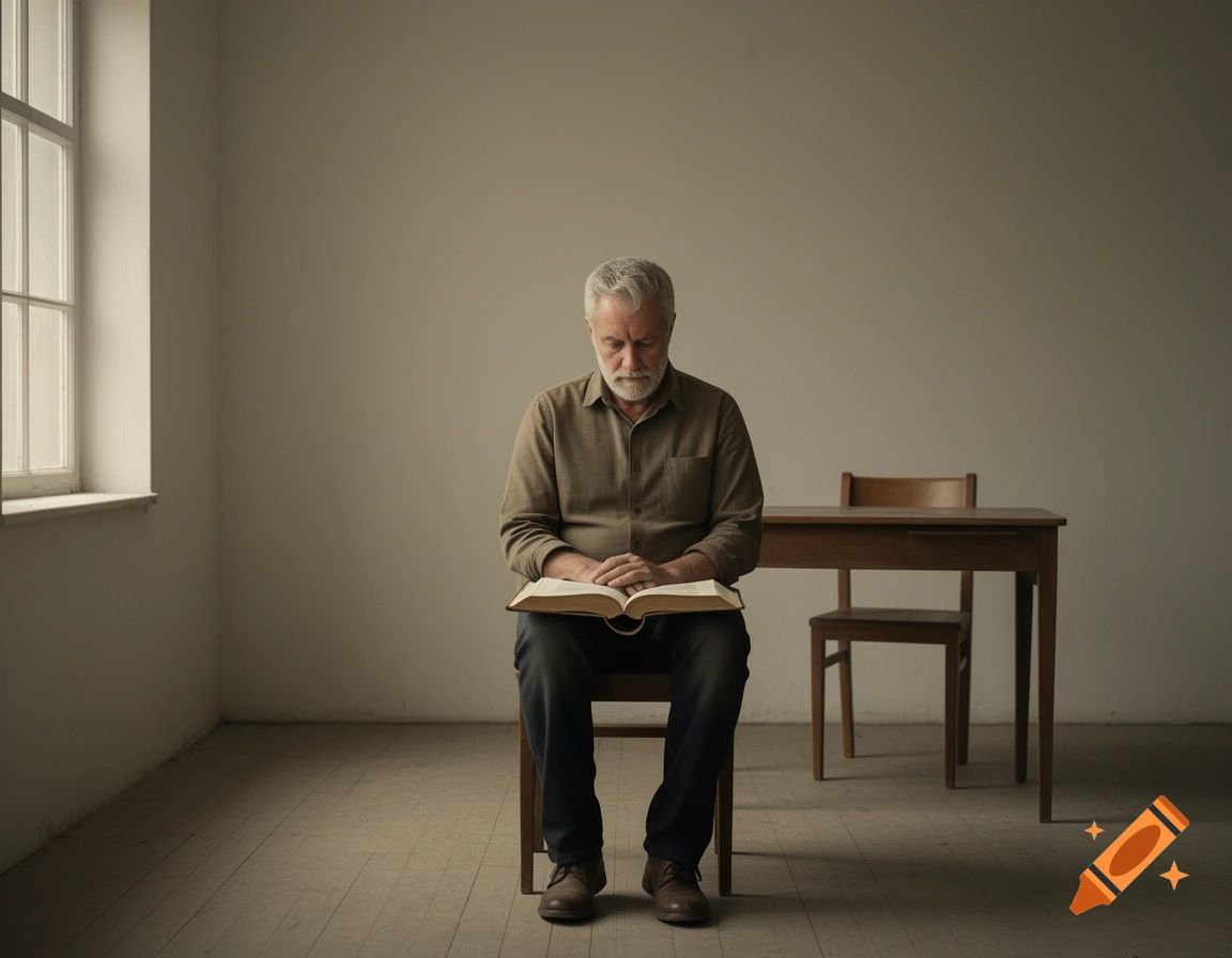 A solemn, older man with a gray beard sits alone in a minimalist room, intently reading an open book on his lap. A window and a table are in the background.
