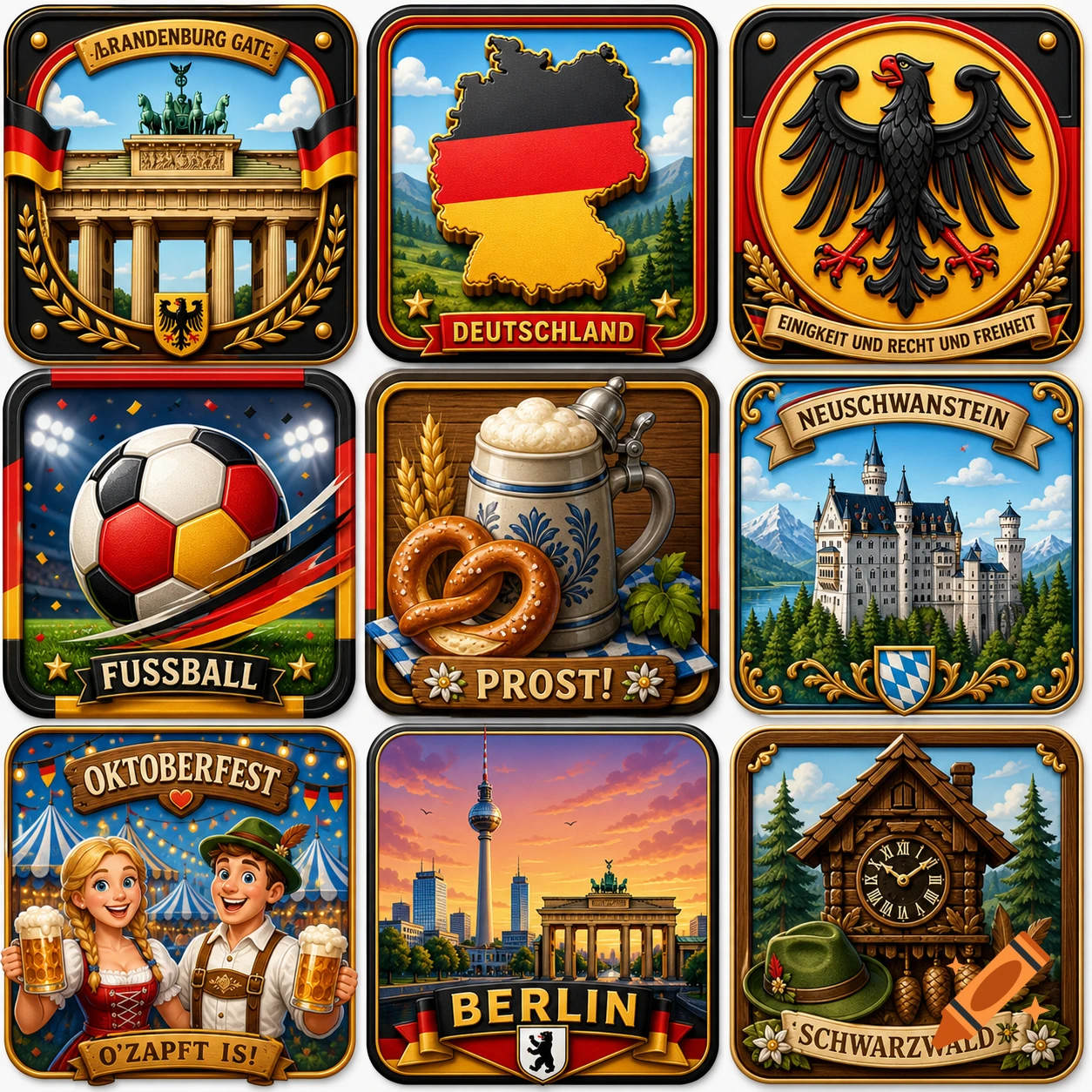 A 3x3 grid of cartoon-style logos depicting German landmarks, culture, and symbols like Brandenburg Gate, Neuschwanstein Castle, Oktoberfest, and a map of Germany.
