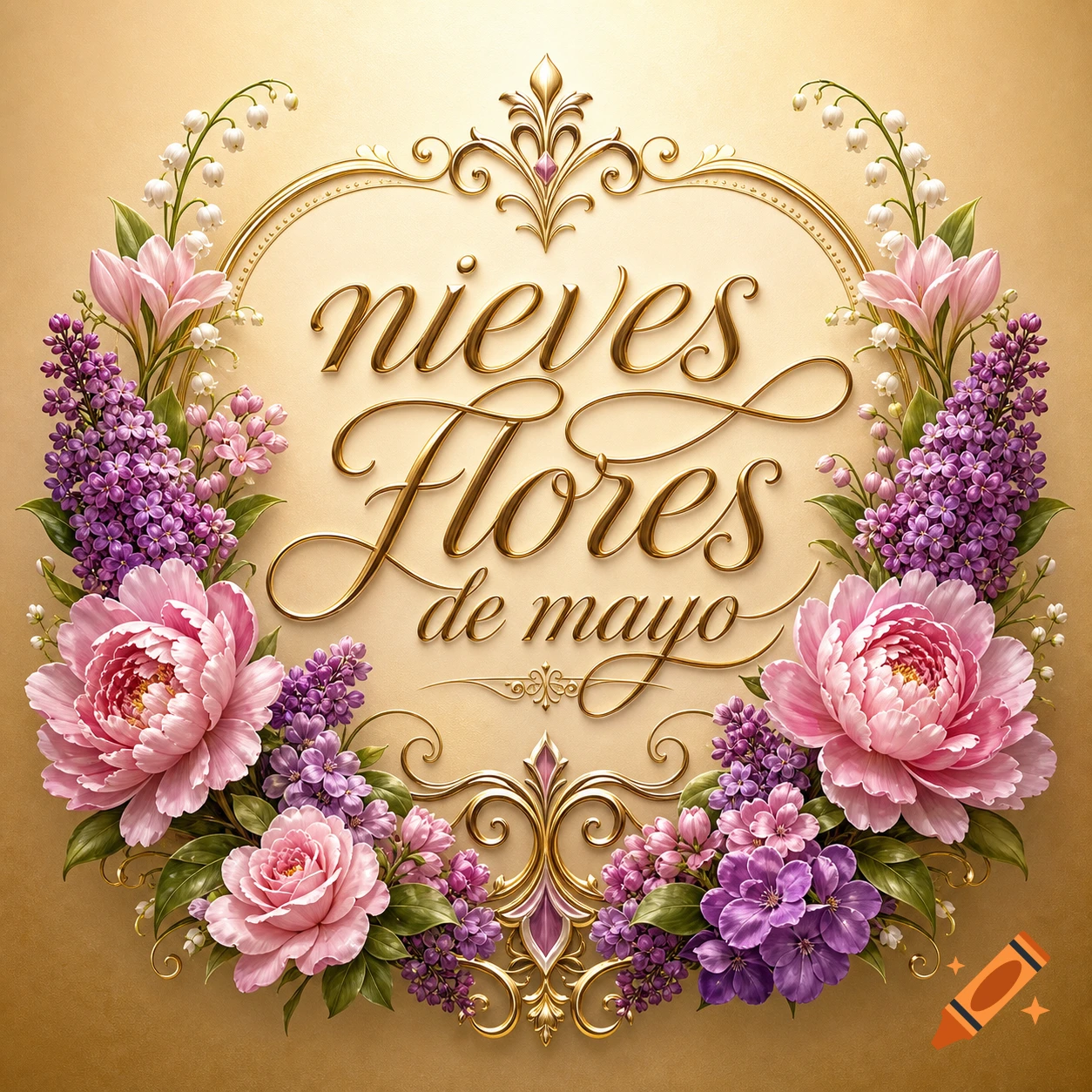 A decorative golden frame adorned with pink peonies, purple lilacs, and lily-of-the-valley, enclosing the text 'nieves Flores de mayo' on a beige background.