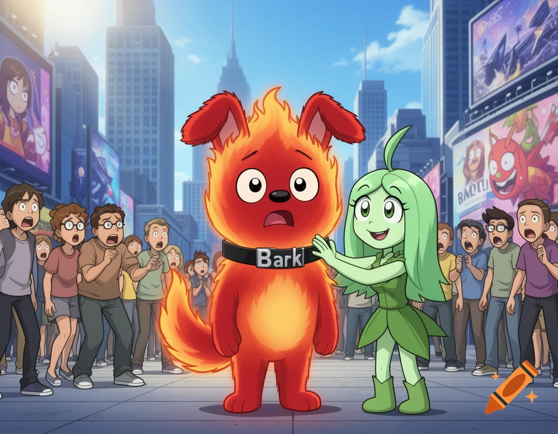 A cartoon fire-dog with a collar saying "Bark" is being petted by a green plant-girl in a city street, while a crowd of people watches in shock.