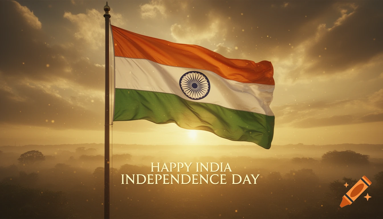 Photorealistic image of the Indian flag waving at sunrise, with the text "Happy India Independence Day" across the misty landscape.