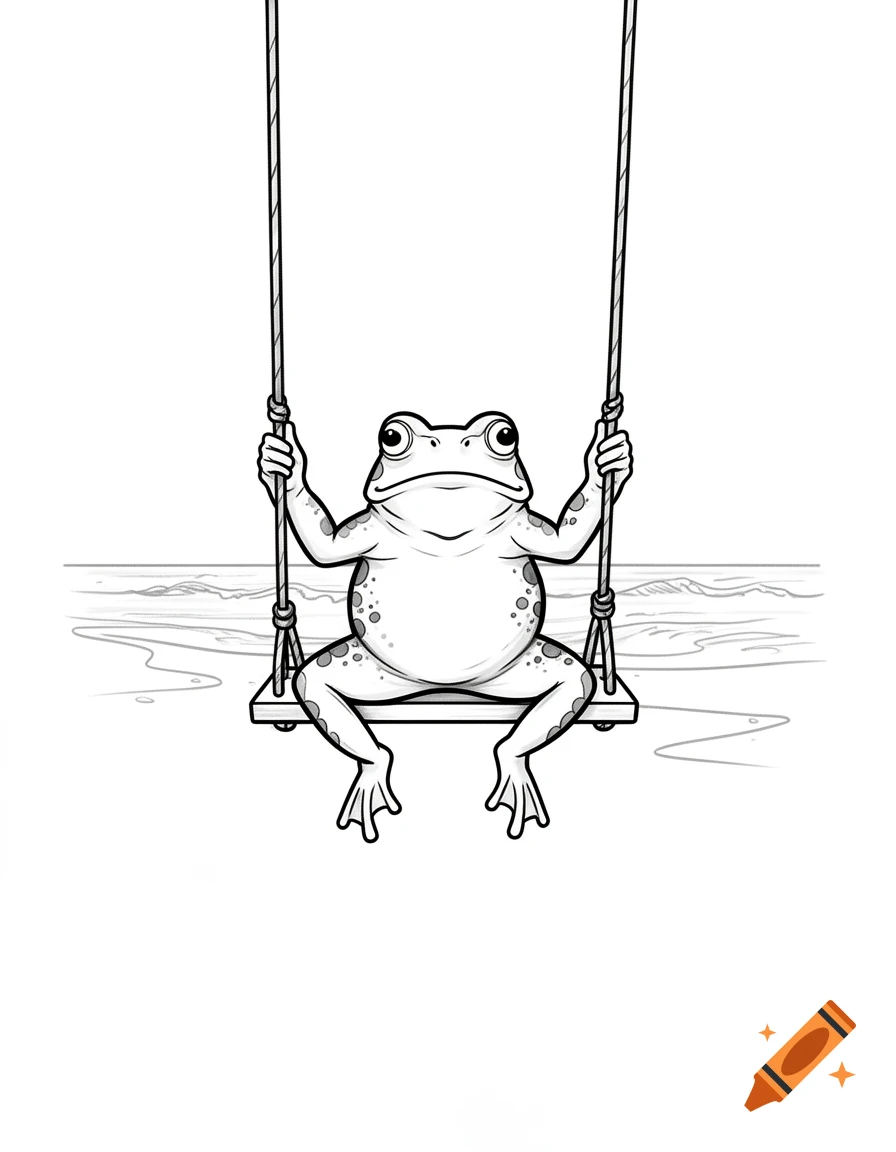 Black and white line art of a plump toad sitting on a wooden swing, with faint lines suggesting a background.