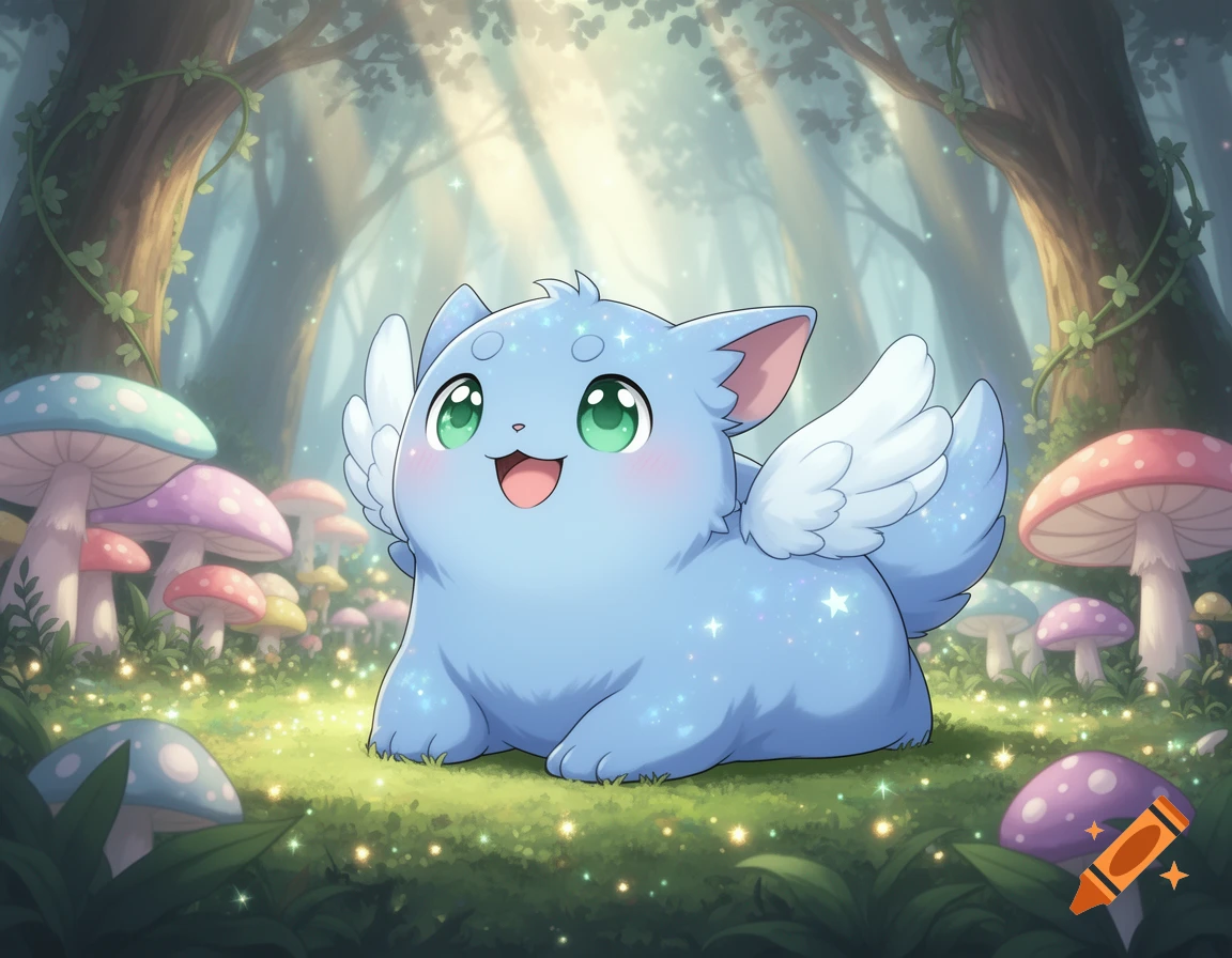 Cute blue winged monster with big green eyes smiling in a magical forest with colorful mushrooms and sparkling light.