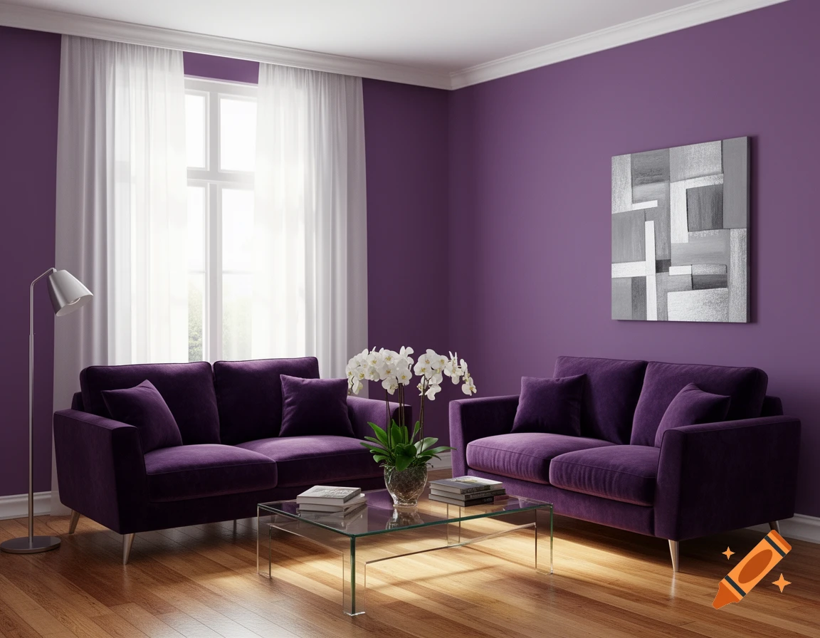 A modern living room with deep purple walls, two matching velvet sofas, a glass coffee table, white orchids, and a window with sheer white curtains.