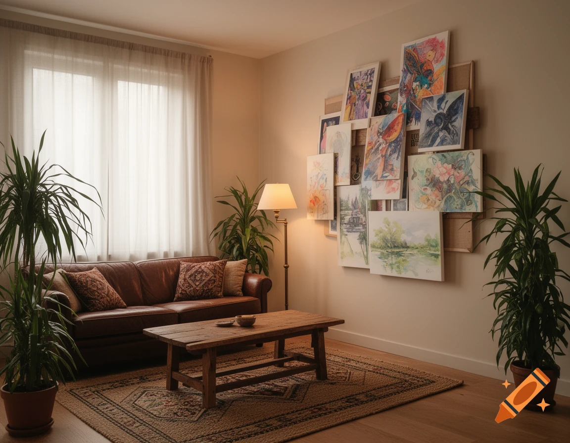 A cozy living room with a brown leather couch, wooden coffee table, potted plants, and a wall covered with an eclectic stack of paintings.