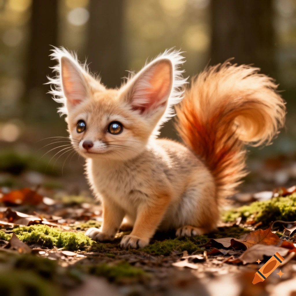 An adorable photorealistic fennec-squirrel hybrid with large ears and a bushy tail sits on mossy ground in a sunlit forest.