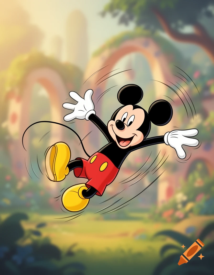 Classic cartoon Mickey Mouse jumps joyfully with arms and legs spread in a blurry, warm-toned outdoor setting.
