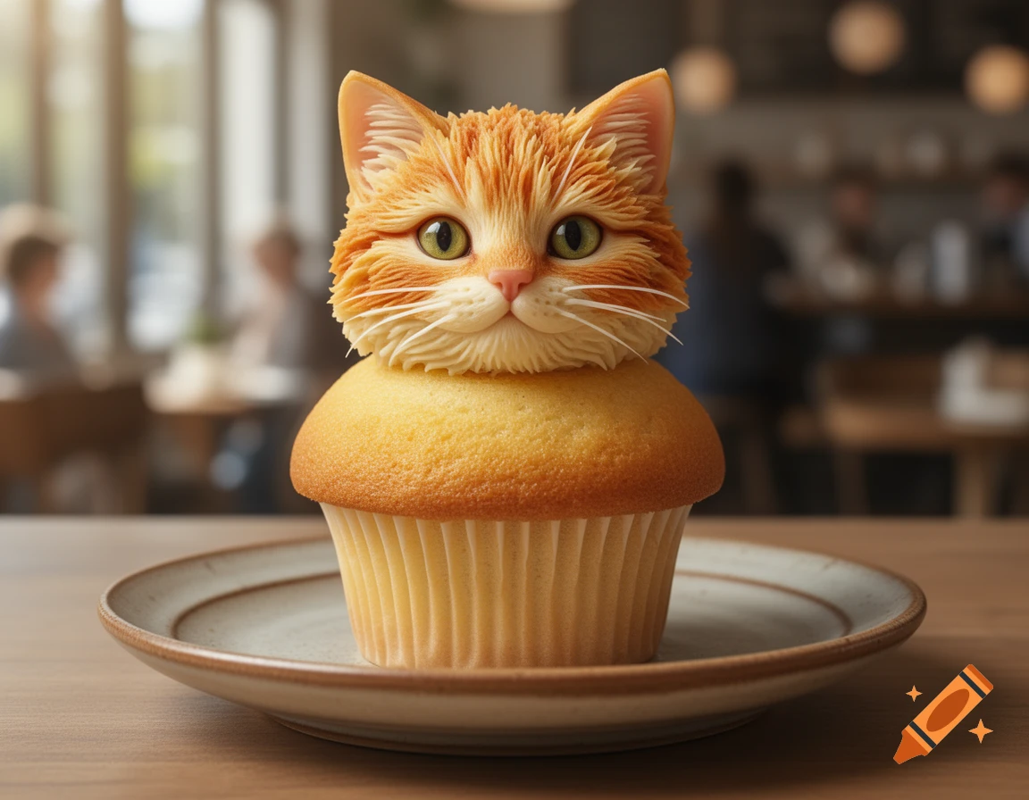 A realistic ginger cat head serves as frosting on a vanilla cupcake, resting on a plate in a cafe setting.