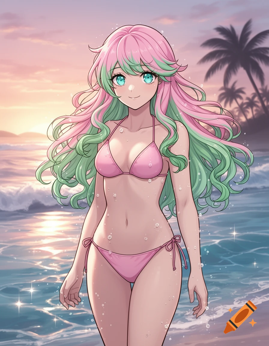 Anime girl with pink and green hair wearing a pink bikini on a sunny beach with palm trees.