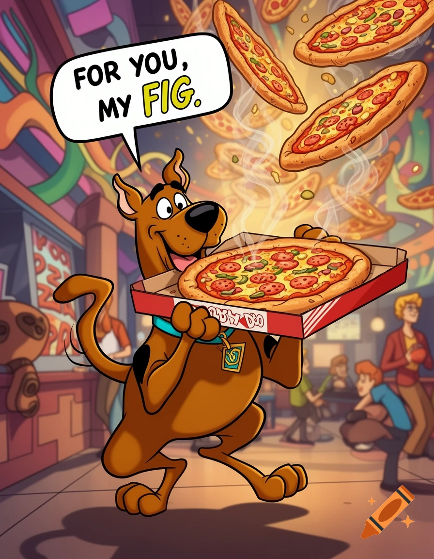 Cartoon Scooby Doo delivers a pepperoni pizza in a box, speaking 'FOR YOU, MY FIG,' amidst flying pizzas in a colorful eatery.