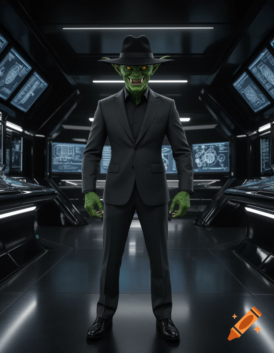 A green-skinned, goblin-like figure wearing a black fedora and a dark suit stands in a futuristic control room with glowing screens.
