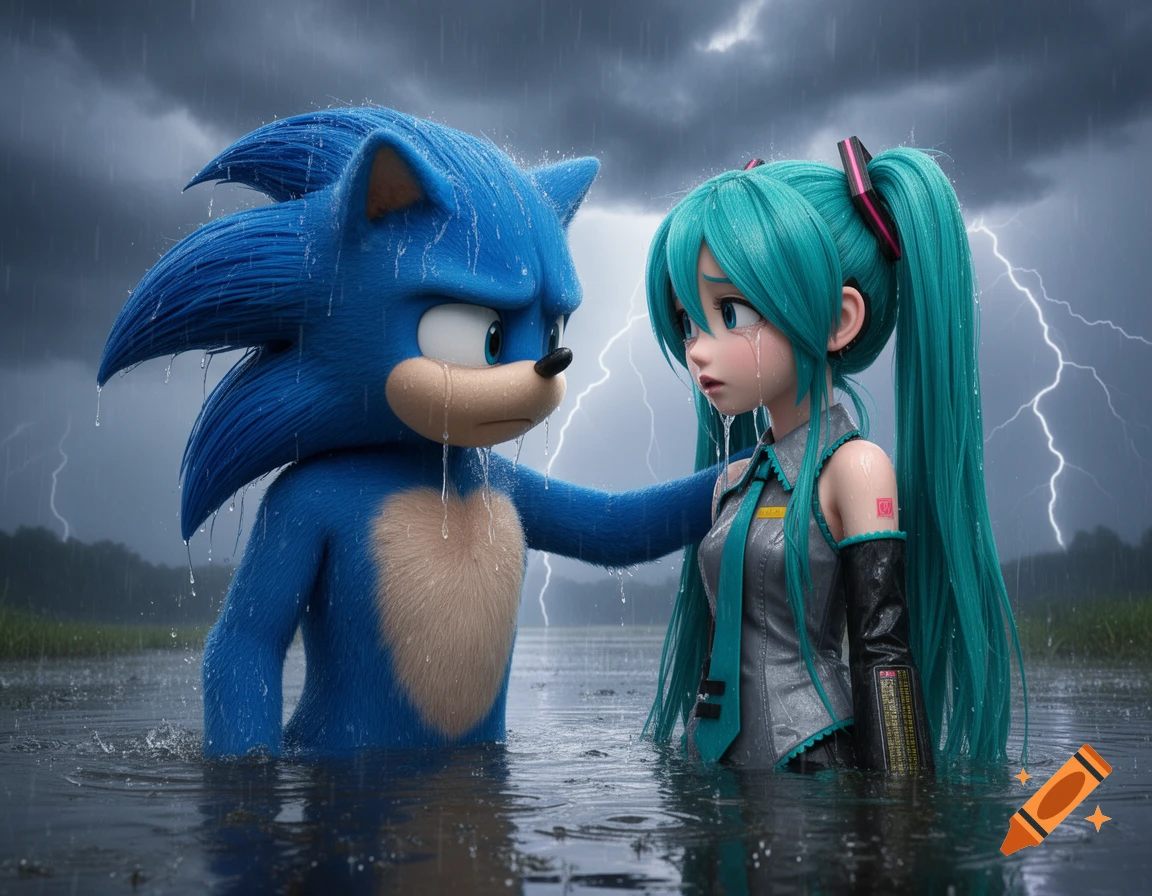 Sonic comforts a crying Hatsune Miku in a stormy lake, with lightning striking in the dark sky.