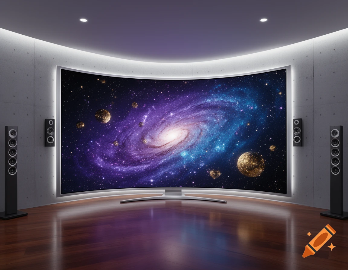 A large, curved TV screen displaying a vibrant galaxy is the centerpiece of a modern, minimalist room with dark hardwood floors and tall black speakers.