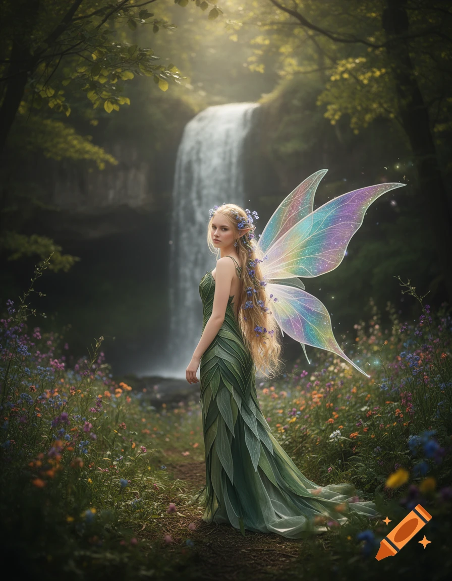A majestic fairy with long blonde hair and iridescent rainbow wings stands in a lush forest with a waterfall and wildflowers.