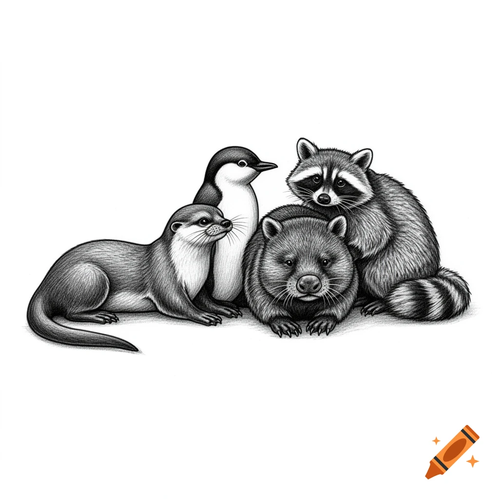 A black and white pencil drawing of an otter, a penguin, a wombat, and a raccoon grouped together.