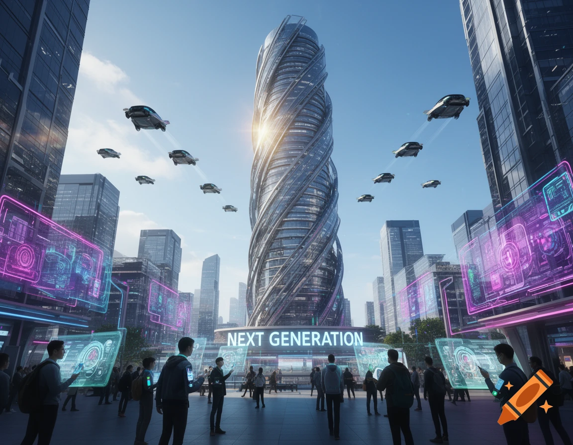 A futuristic cityscape with a tall, twisted skyscraper, flying cars, and people interacting with holographic displays, under a bright sky.