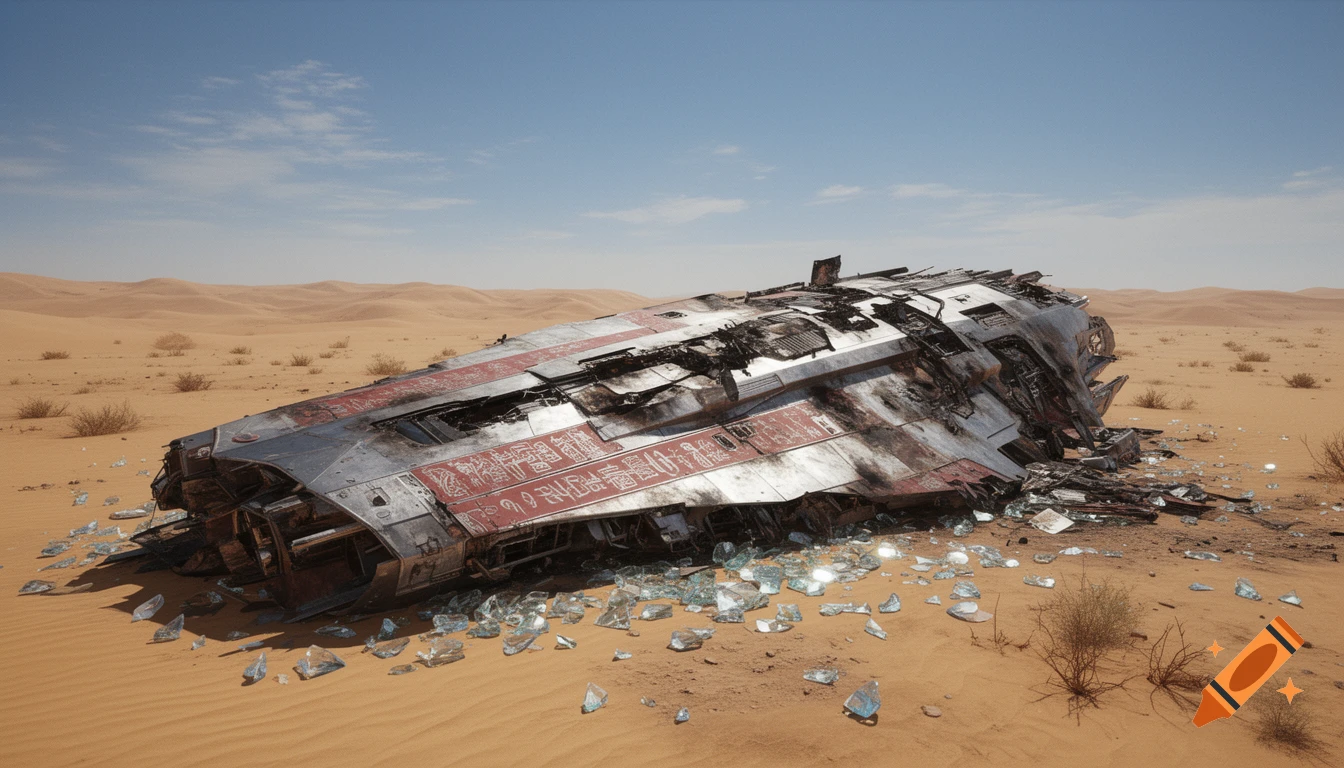 A crashed, heavily damaged spaceship with red panels and alien markings lies partially buried in a vast sandy desert under a clear blue sky, with scattered broken glass around it. The scene has a realistic, cinematic feel.