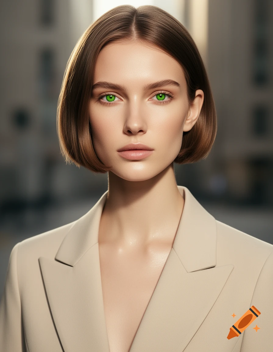 Photorealistic portrait of a woman with a short bob haircut, fair complexion, and intense green eyes, wearing a beige blazer.