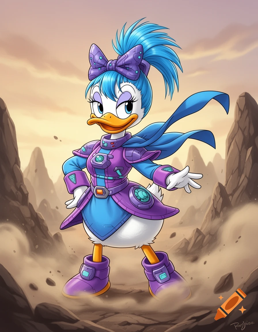 Cartoon Daisy Duck as a sci-fi adventurer, wearing a purple and blue suit, blue spiky hair, and cape, standing in a rocky desert.