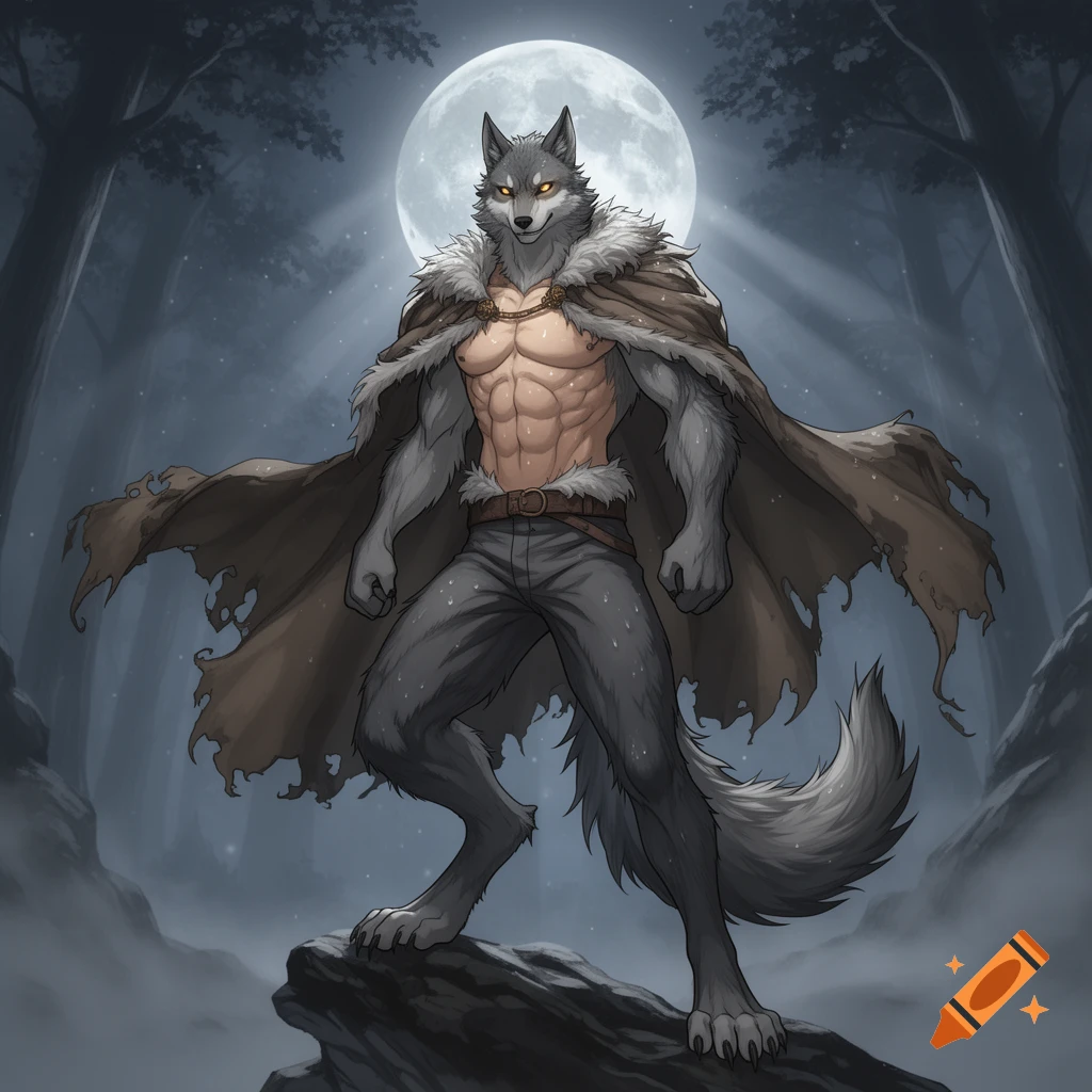 An anime-style anthropomorphic wolf with glowing eyes, wearing a tattered cape, stands on a rock under a full moon in a dark forest.