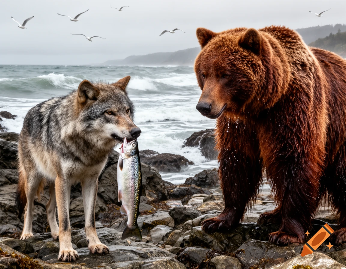 A wolf holds a salmon in its mouth, looking at a grizzly bear on a rocky ocean shore, with waves and seagulls in the background.