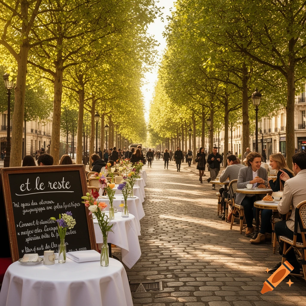 A vibrant street cafe scene under a canopy of green trees, with people dining outdoors and walking on a cobbled street.
