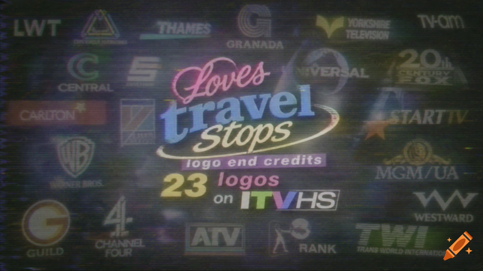 A retro VHS-style collage of old television and film logos with the text 'Loves travel stops logo end credits 23 logos on ITVHS' in the center.