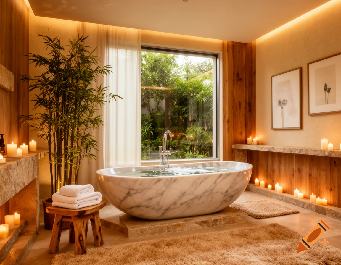 Luxurious spa bathroom with a marble tub, lit candles, bamboo plant, and a large window overlooking lush greenery.