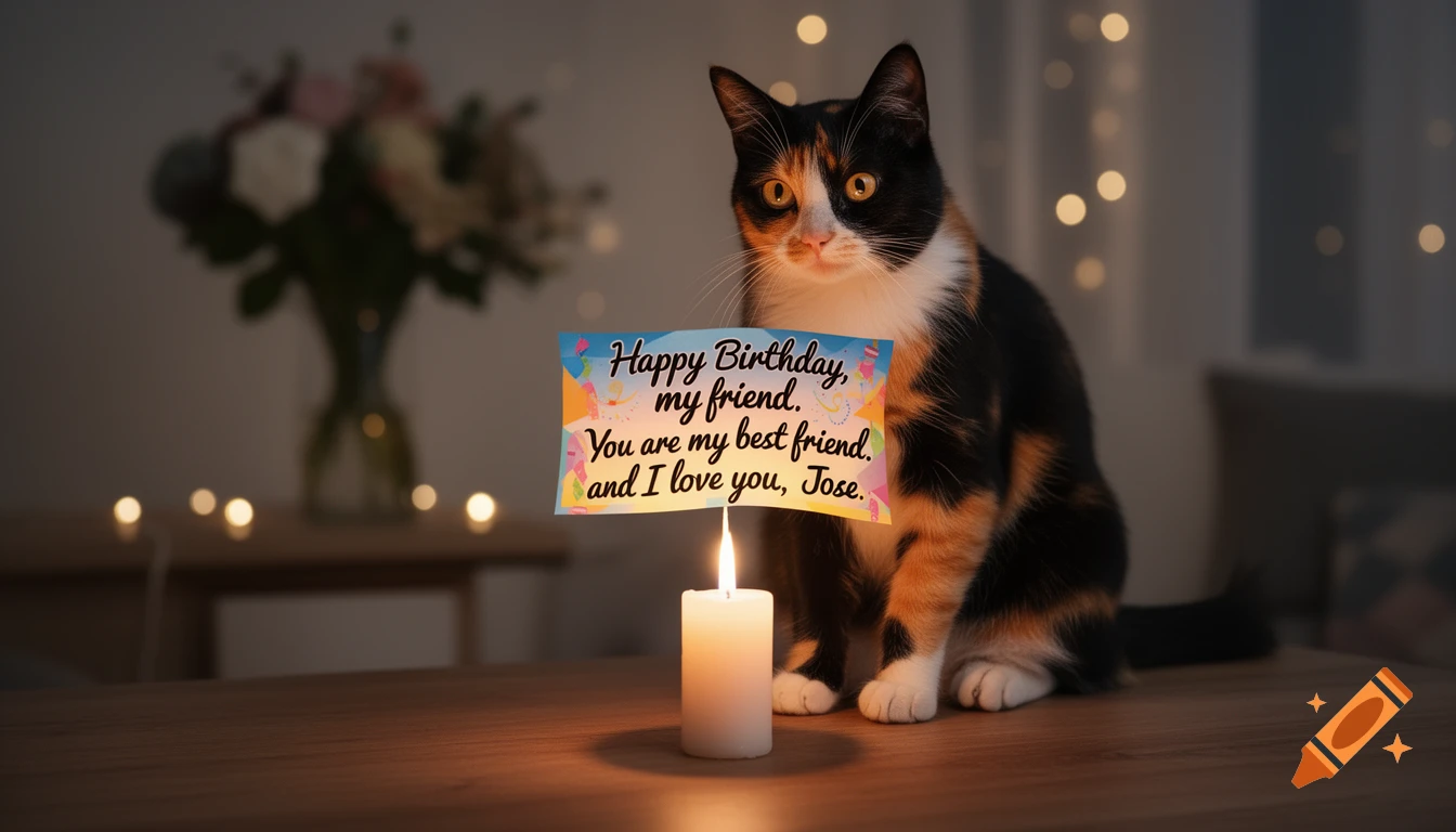 A calico cat sits next to a lit candle, holding a banner with a 'Happy Birthday' message.
