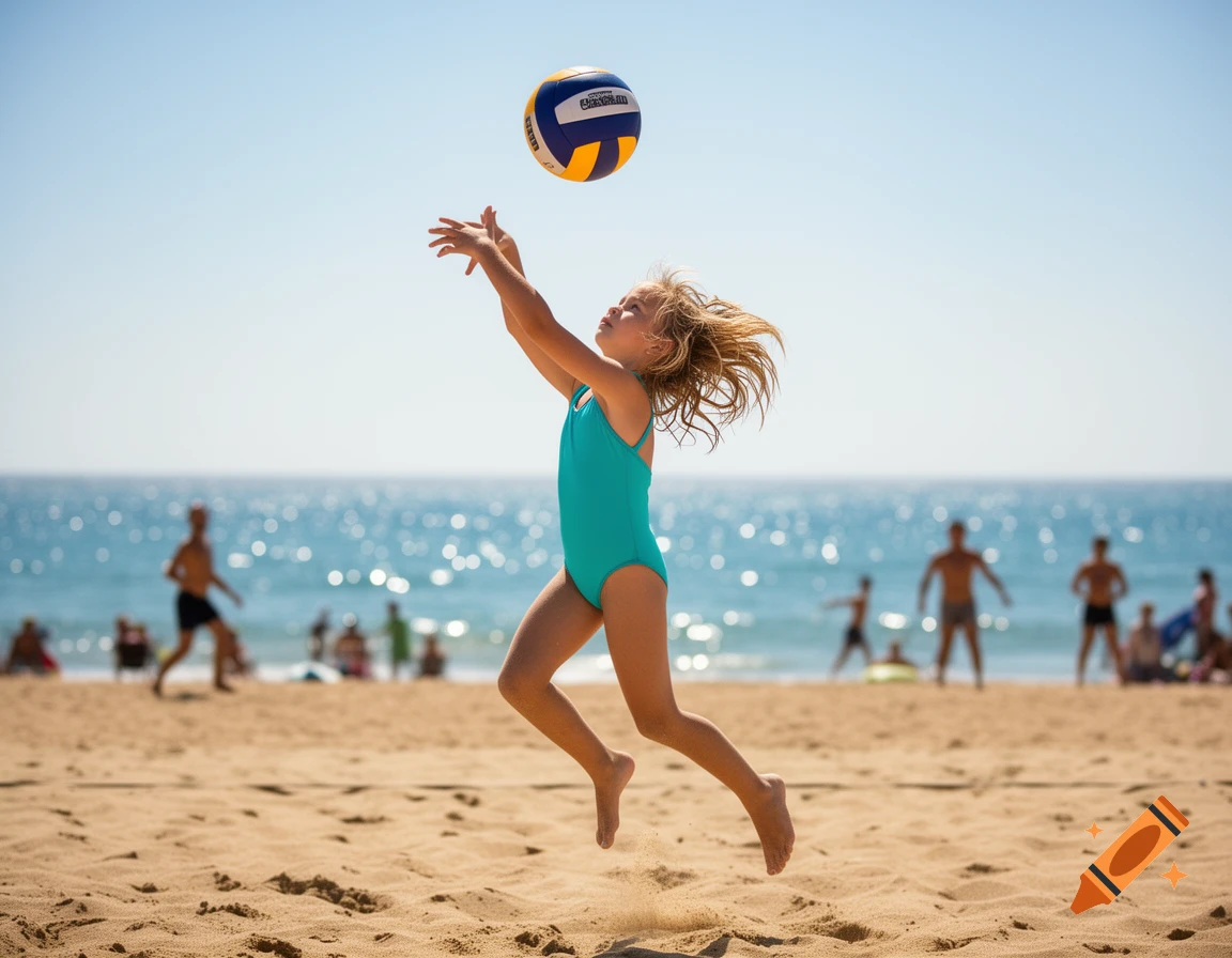 A little girl in a turquoise swimsuit jumps on a sandy beach to hit a volleyball over her head, with the ocean and other beachgoers in the background under a clear sky. Photorealistic style.